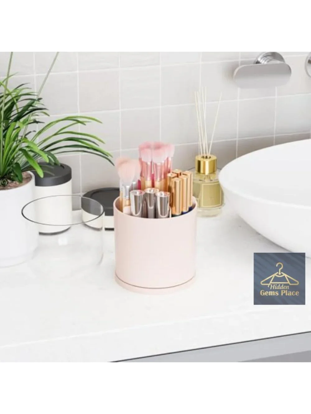 Rotating Acrylic Makeup Brush Holder with Lid, 6 Compartments Spinning Cosmetic